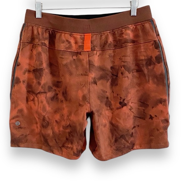 Lululemon Textured Tech Short 7" Diamond Dye Warm Coral Seared Grey Orange Large - Picture 8 of 11